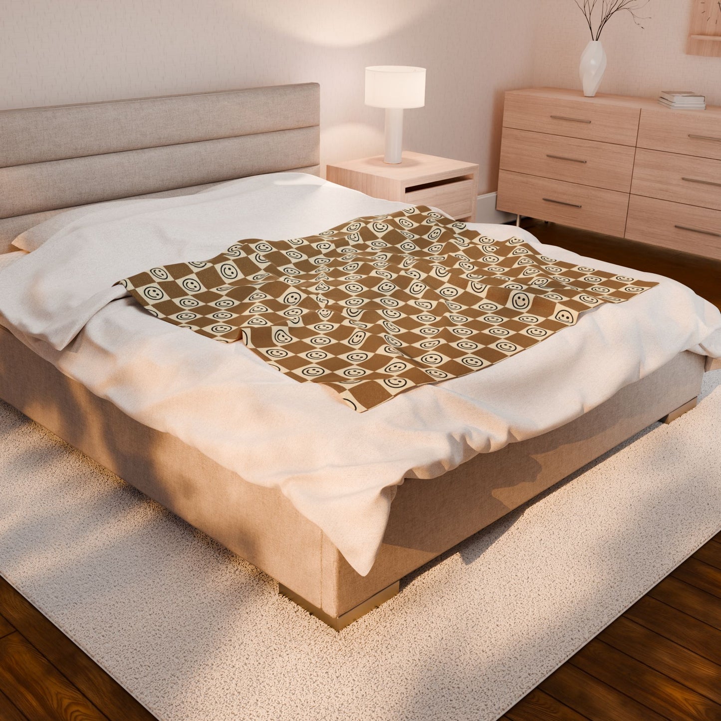 Cozy Velveteen Plush Blanket, Soft Throw for Comfort, Home Decor, Gift for Her, Snuggle Blanket, Cheerful Smiley Pattern