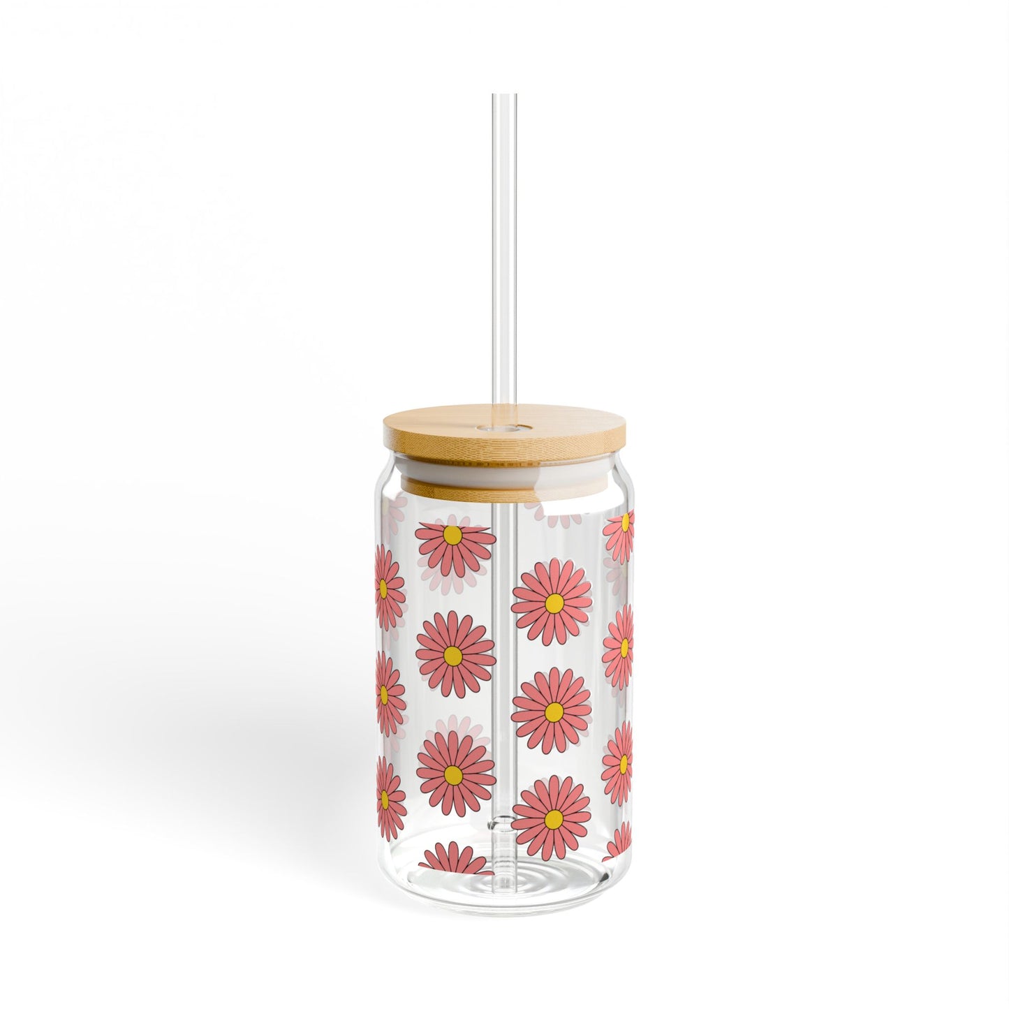 16 oz Glass Sipper Cup with Lid and Straw – Coral Floral Design – Iced Coffee Tumbler, Aesthetic Reusable Cup, Gift for Her