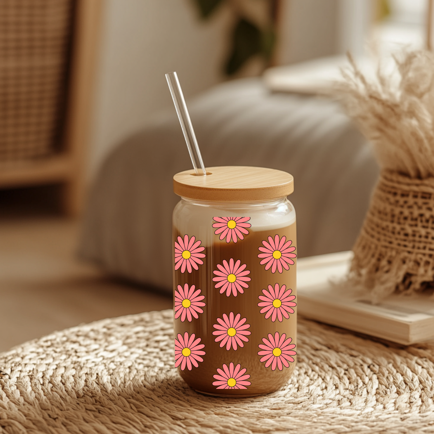 16 oz Glass Sipper Cup with Lid and Straw – Coral Floral Design – Iced Coffee Tumbler, Aesthetic Reusable Cup, Gift for Her