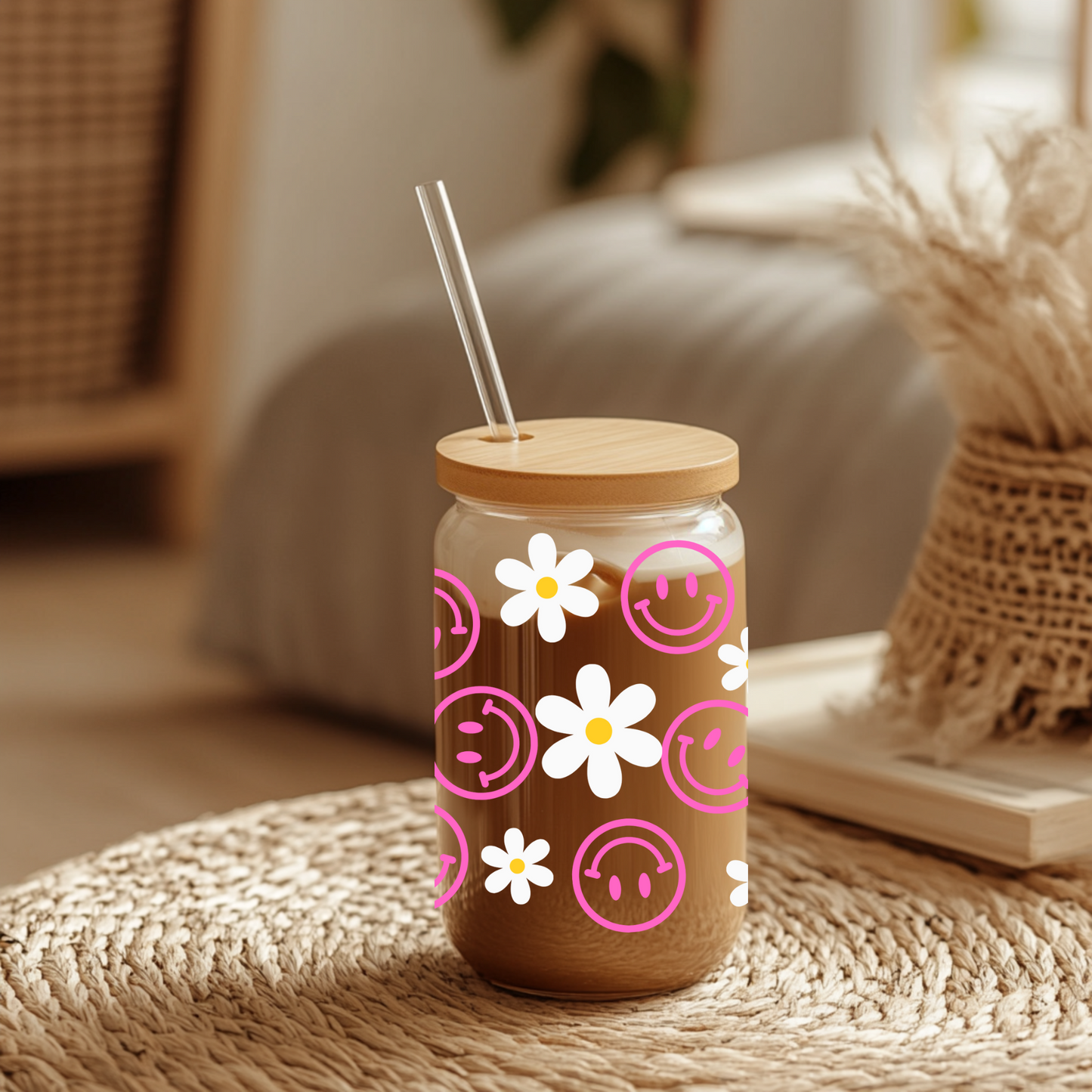 16 oz Glass Sipper Cup with Lid and Straw – White Flowers & Pink Smiley Face Design – Cute Aesthetic Iced Coffee Cup, Gift for Her