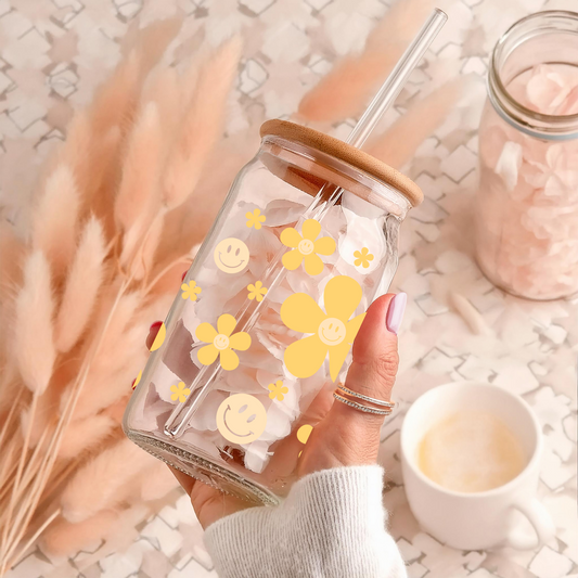 Sunny Floral Sipper Glass, 16oz - Perfect for Summer Picnics, Eco-Friendly Drinking, Home & Garden Decor, Gift Idea