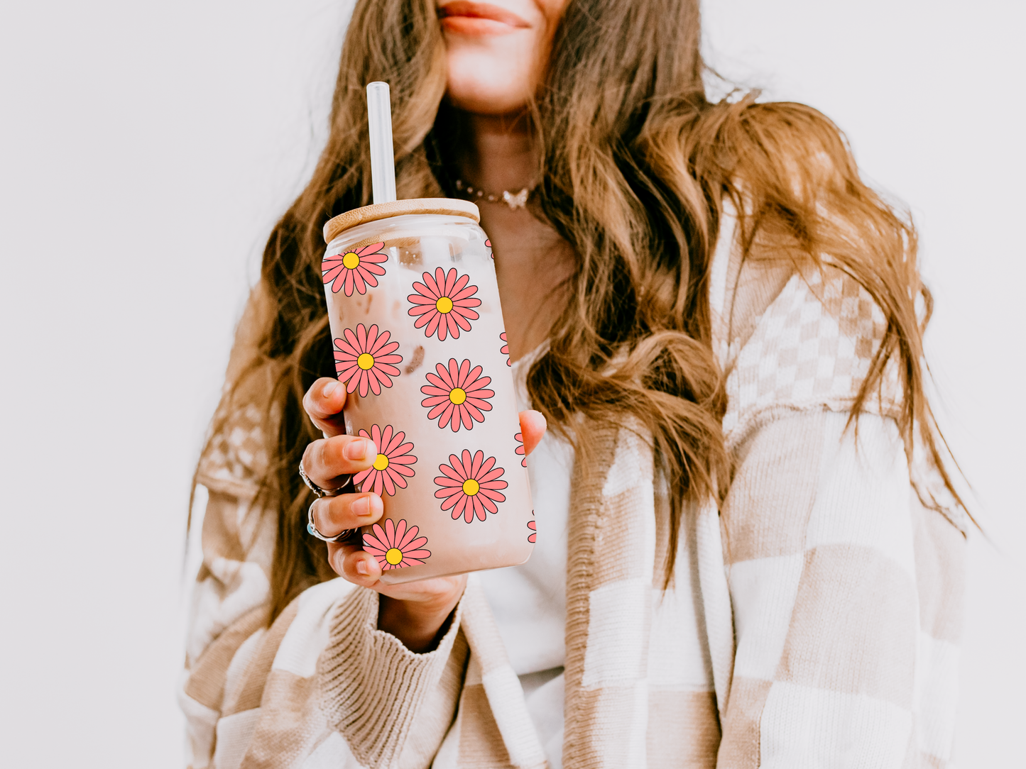 16 oz Glass Sipper Cup with Lid and Straw – Coral Floral Design – Iced Coffee Tumbler, Aesthetic Reusable Cup, Gift for Her