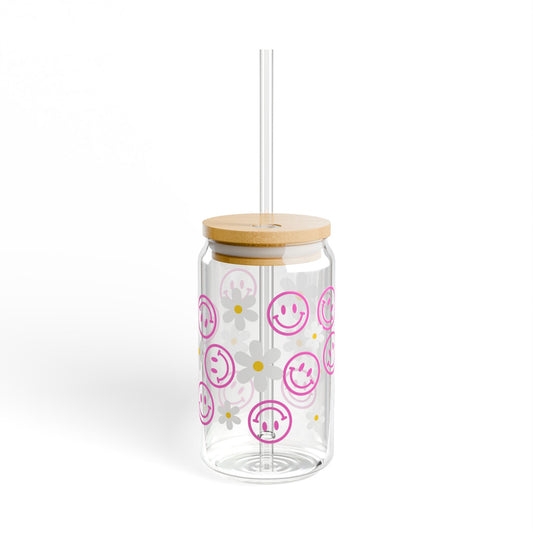 16 oz Glass Sipper Cup with Lid and Straw – White Flowers & Pink Smiley Face Design – Cute Aesthetic Iced Coffee Cup, Gift for Her