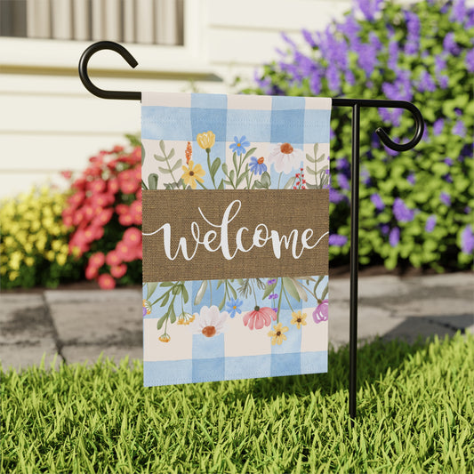 Welcome Garden Flag – Blue Checkered Background with Floral Design – Outdoor Yard Decor for Porch, Patio, or Front Lawn